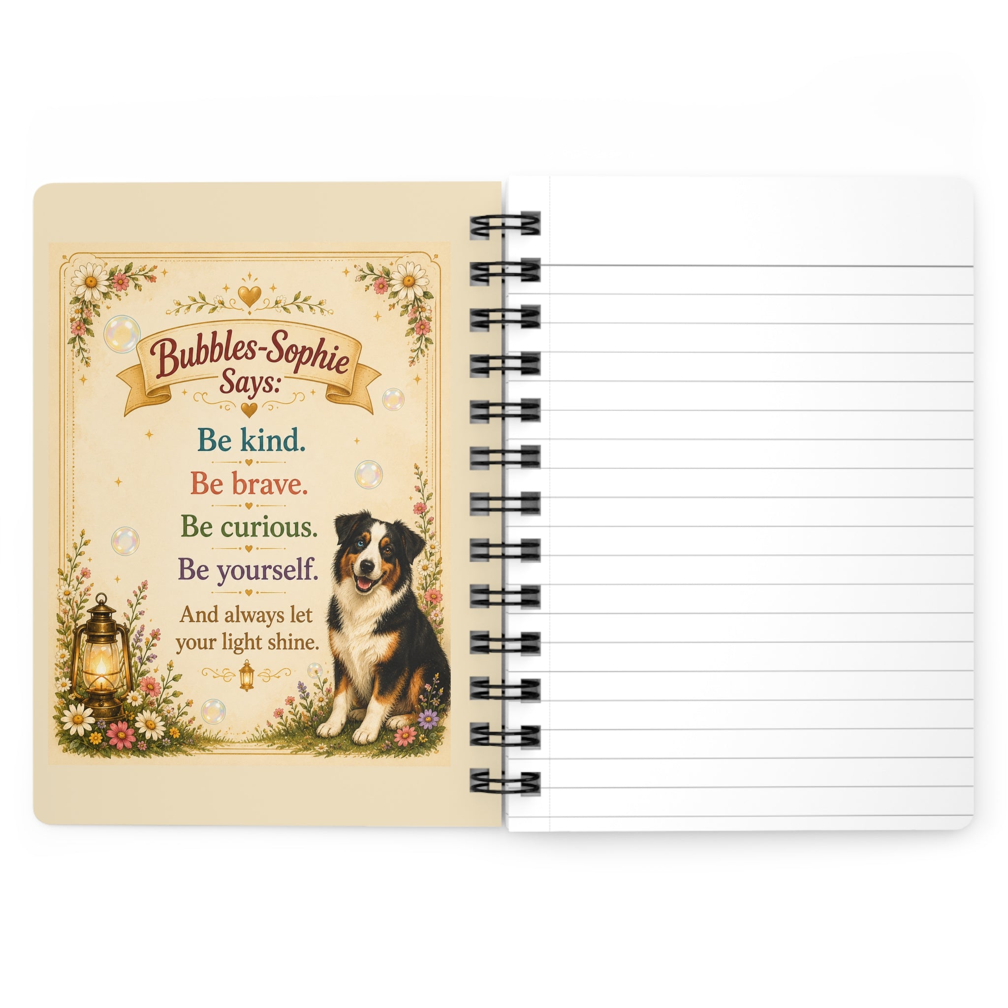 Bubbles-Sophie: Be Kind, Be Brave, Be Curious — Spiral Notebook